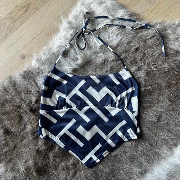 ASOS Tops - ASOS Geo Print Crop Tie Top - Size 4 - Blue and White - Never Worn!